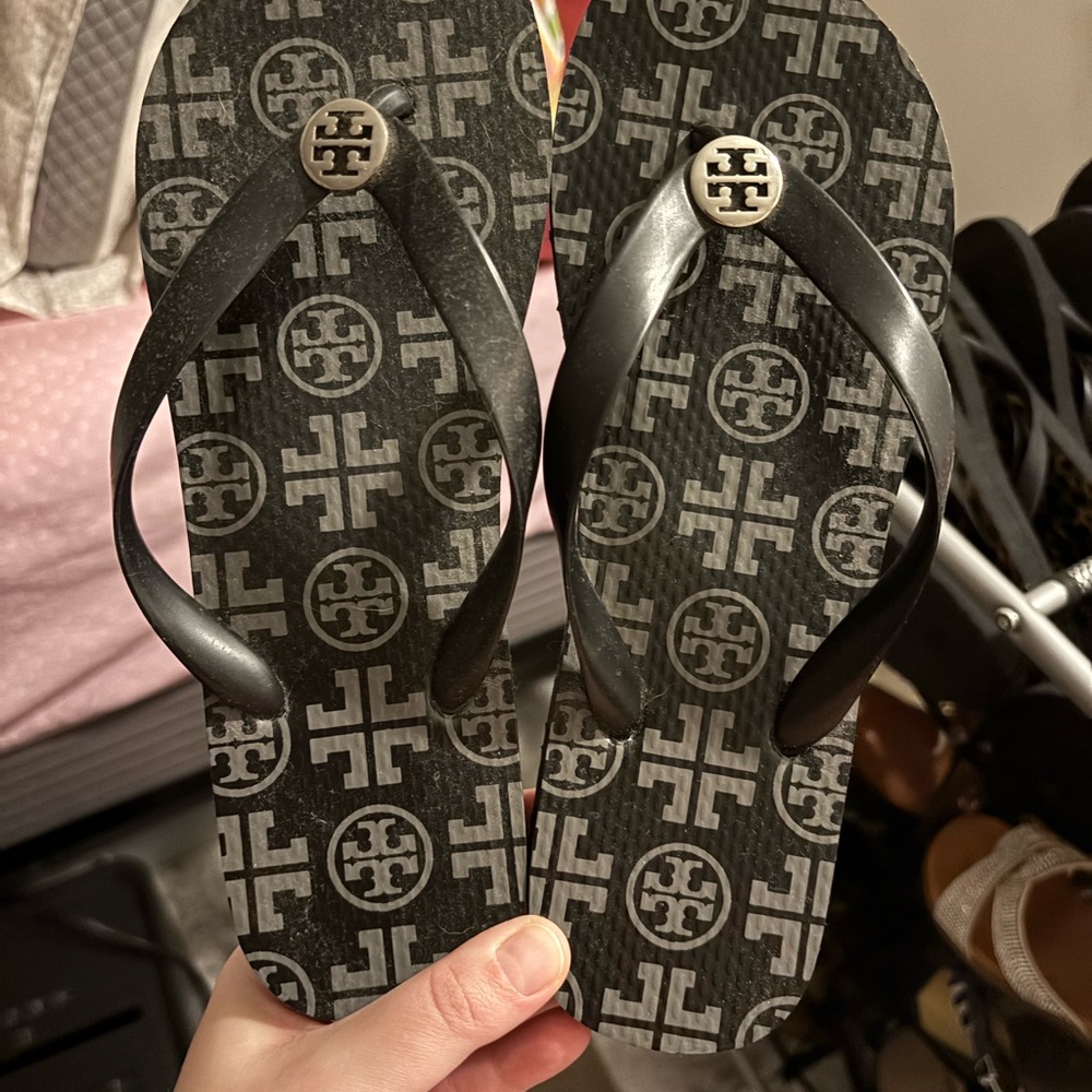 Tory Burch Black and Gray Logo Flip Flops